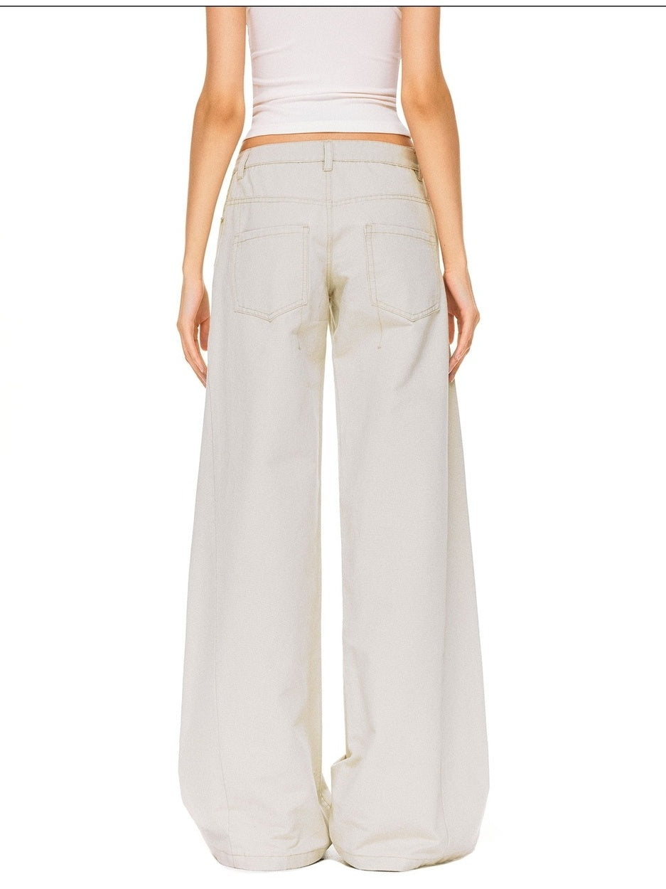 kvkv Pure Cotton Vintage Loose Micro Flare Natural Waist Women Apricot Pants