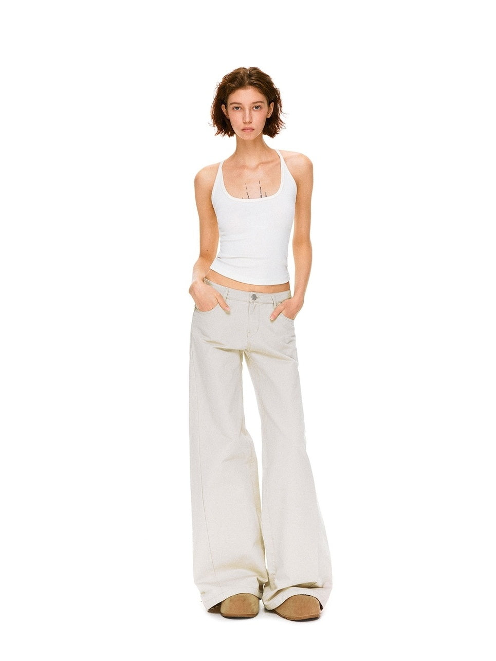 kvkv Pure Cotton Vintage Loose Micro Flare Natural Waist Women Apricot Pants