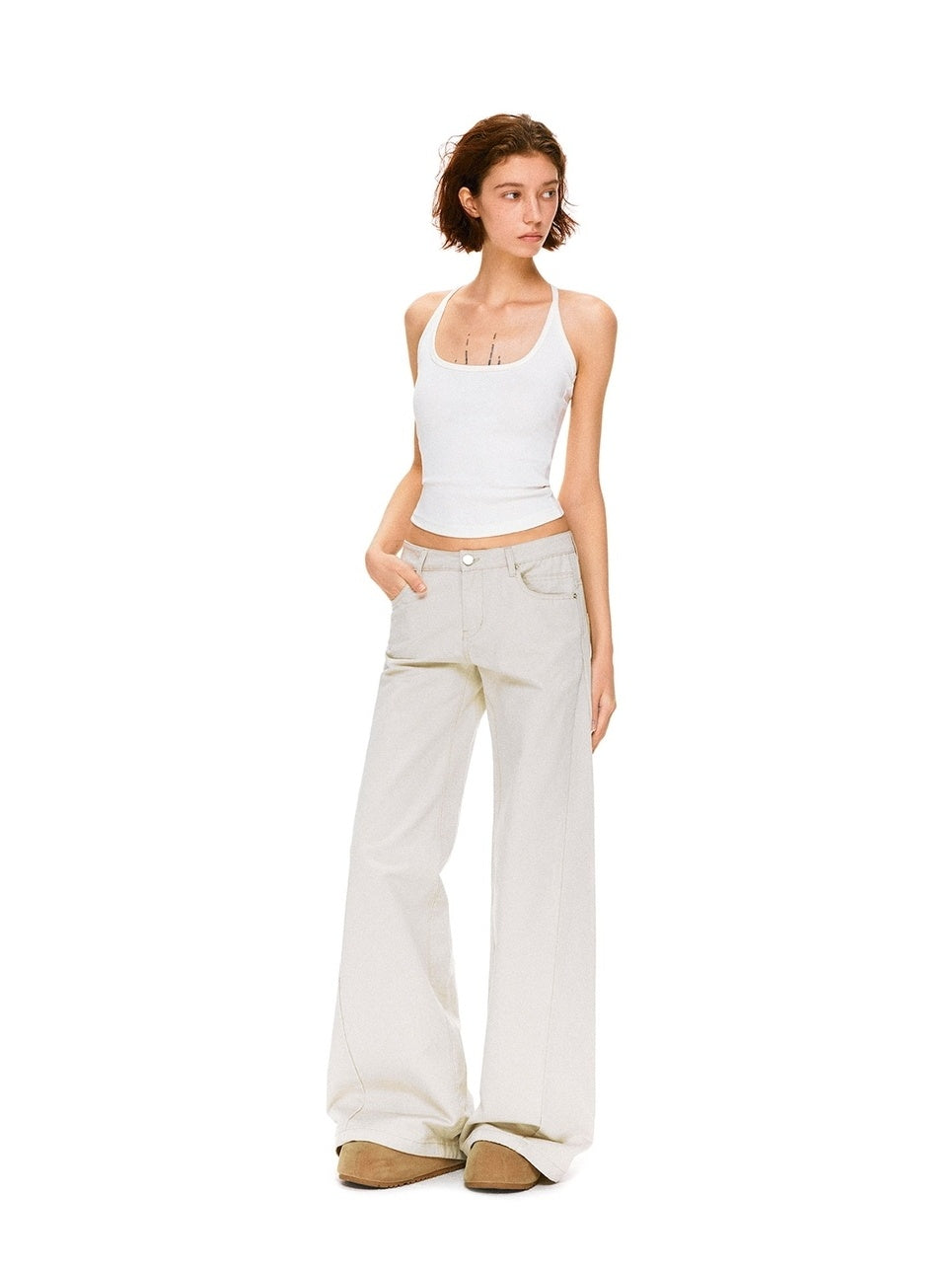kvkv Pure Cotton Vintage Loose Micro Flare Natural Waist Women Apricot Pants