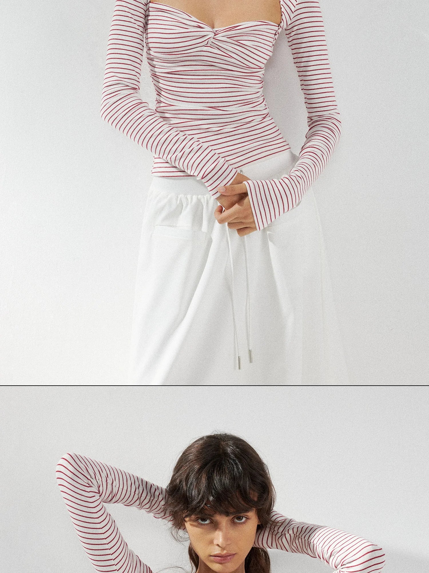 kvkv Red Stripe Knot Front Fitted Square Neck Yoga Top