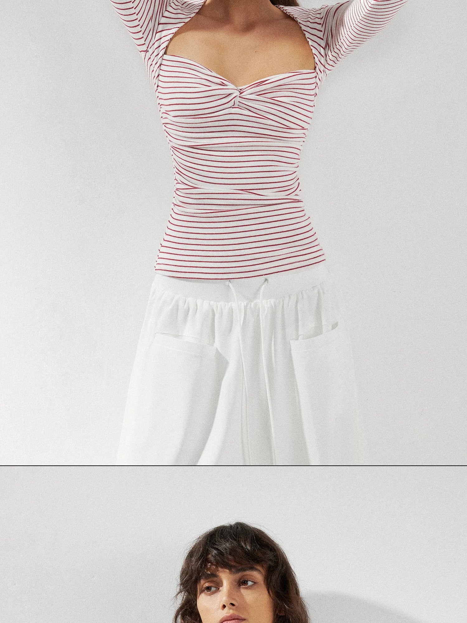 kvkv Red Stripe Knot Front Fitted Square Neck Yoga Top