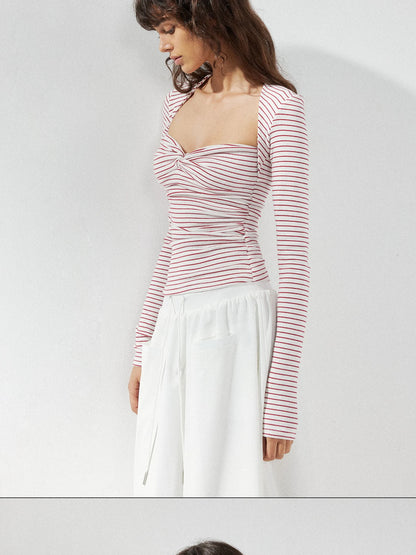kvkv Red Stripe Knot Front Fitted Square Neck Yoga Top