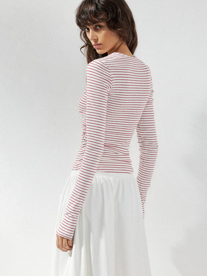kvkv Red Stripe Knot Front Fitted Square Neck Yoga Top