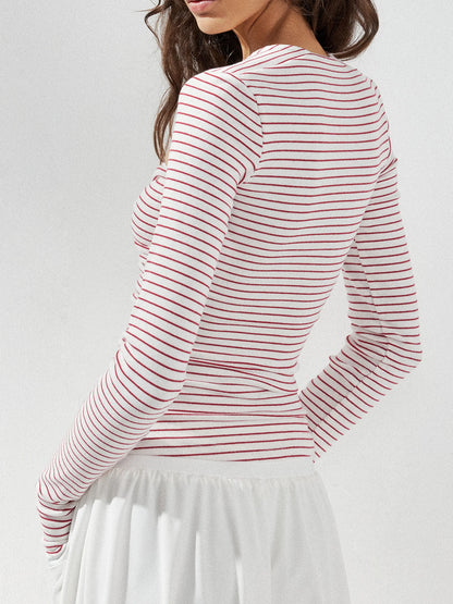 kvkv Red Stripe Knot Front Fitted Square Neck Yoga Top