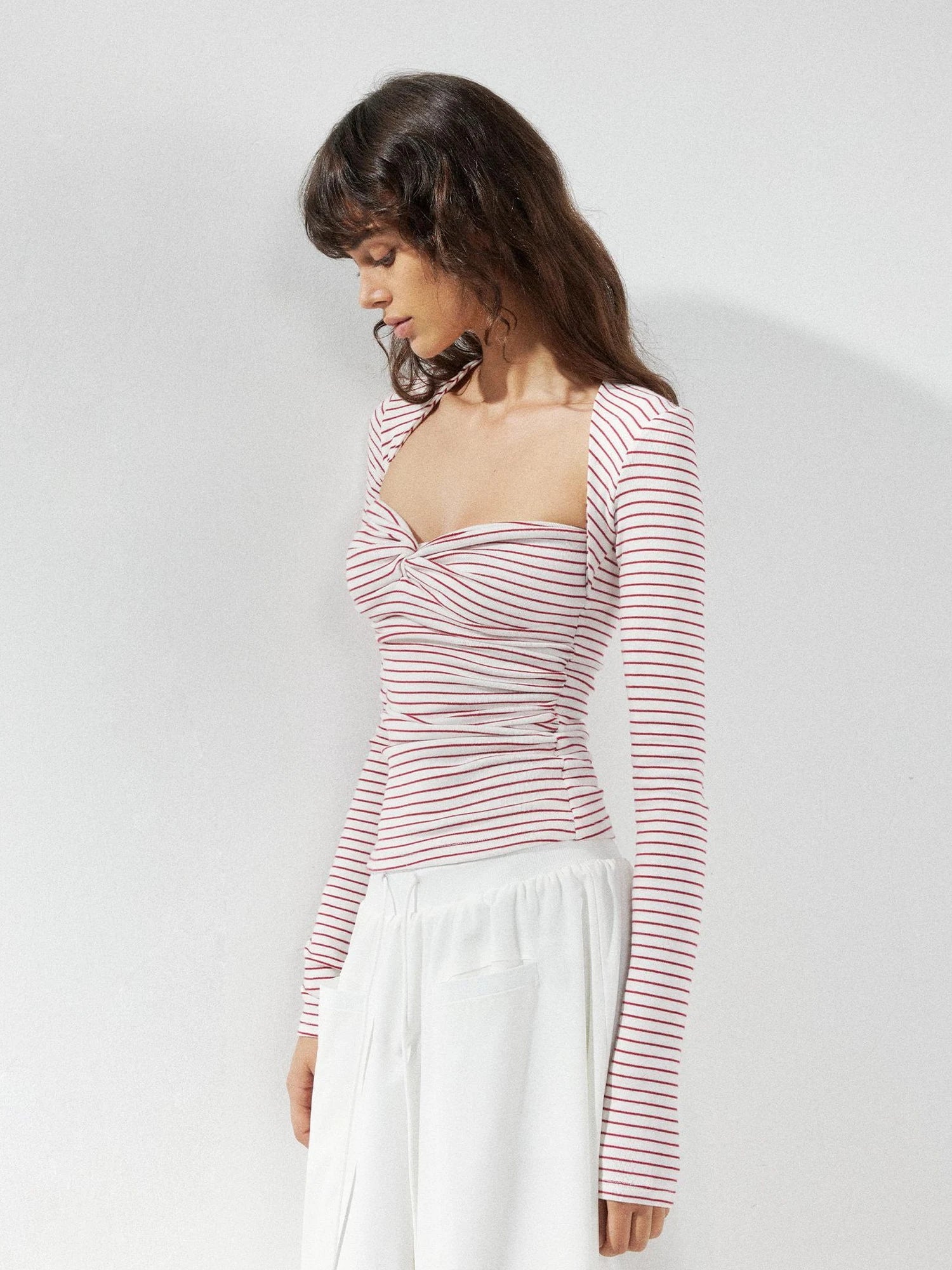 kvkv Red Stripe Knot Front Fitted Square Neck Yoga Top