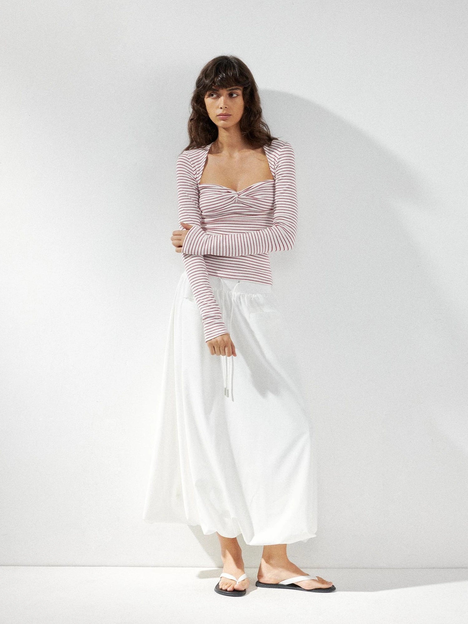 kvkv Red Stripe Knot Front Fitted Square Neck Yoga Top