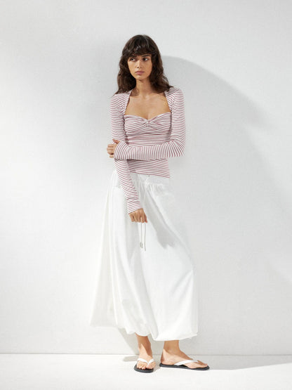 kvkv Red Stripe Knot Front Fitted Square Neck Yoga Top