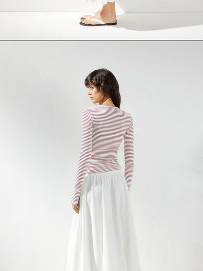 kvkv Red Stripe Knot Front Fitted Square Neck Yoga Top