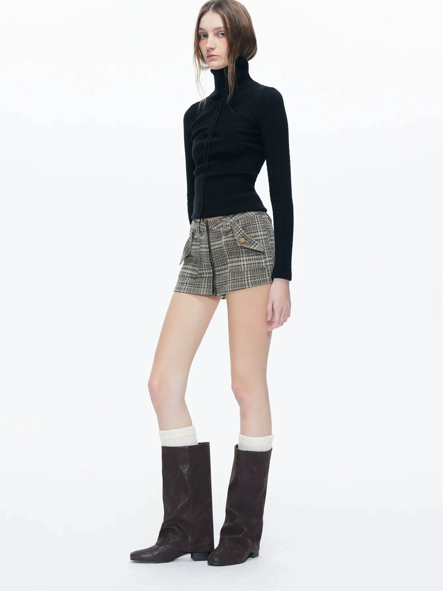 kvkv Retro Checkered Zip Front Skort Shorts