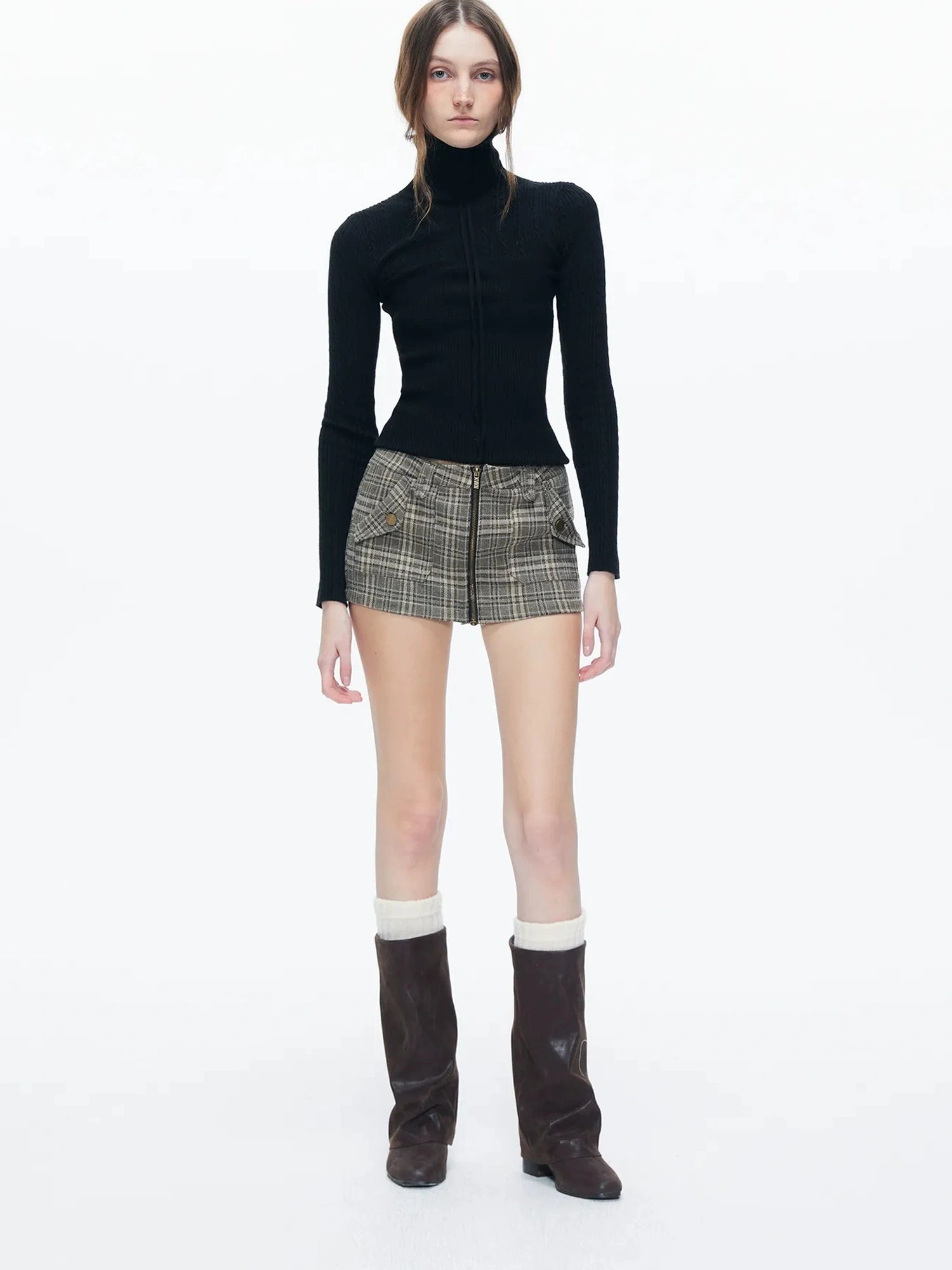 kvkv Retro Checkered Zip Front Skort Shorts