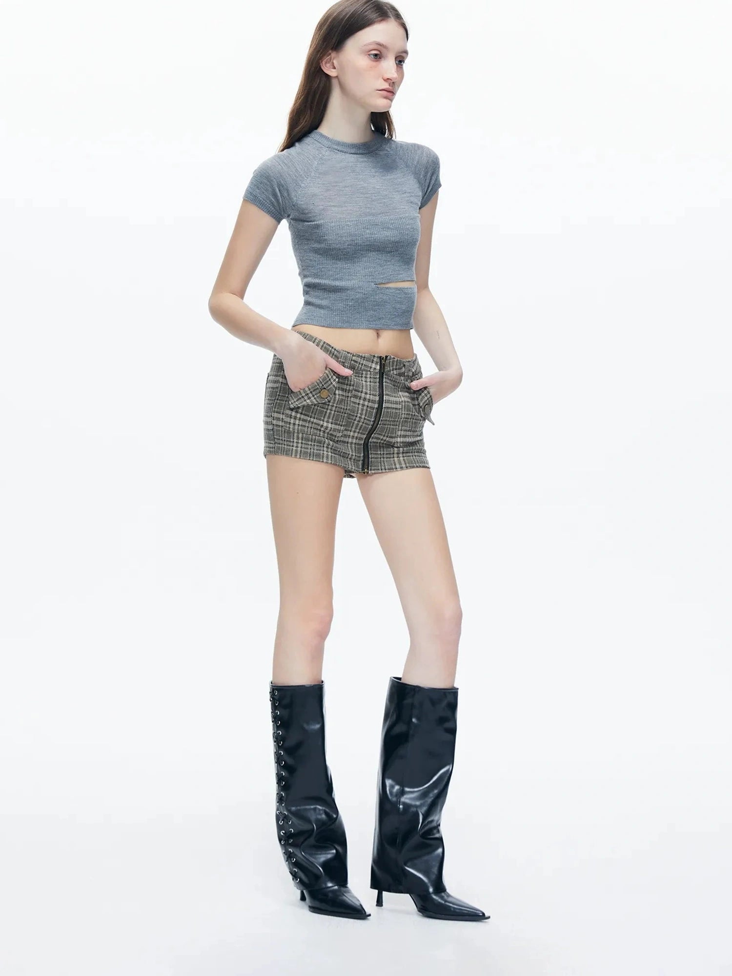 kvkv Retro Checkered Zip Front Skort Shorts