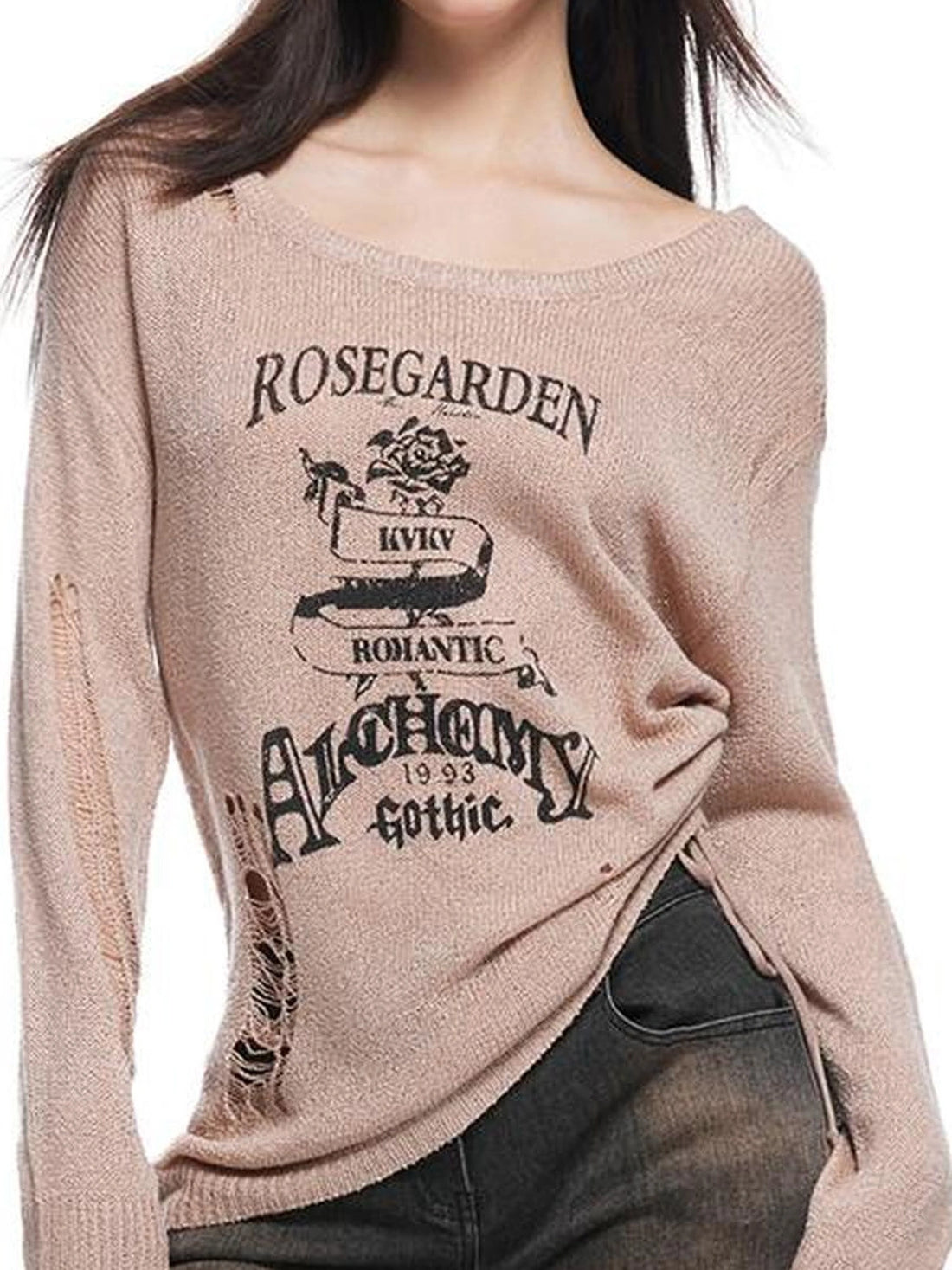 kvkv Retro Floral Embroidered Distressed Knit Sweater
