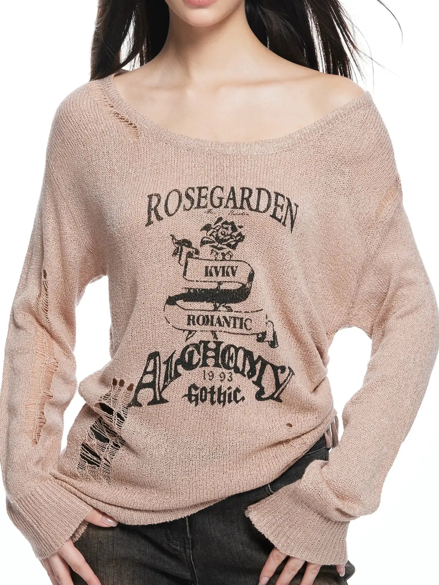 kvkv Retro Floral Embroidered Distressed Knit Sweater