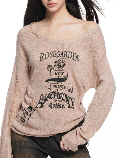 kvkv Retro Floral Embroidered Distressed Knit Sweater