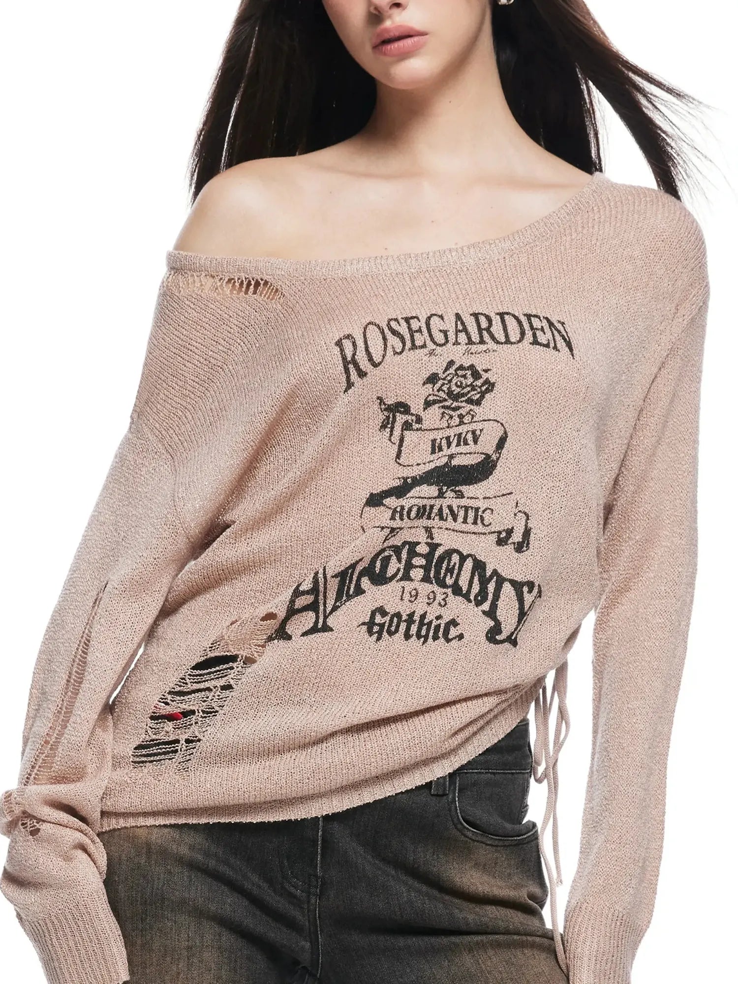 kvkv Retro Floral Embroidered Distressed Knit Sweater