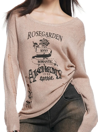kvkv Retro Floral Embroidered Distressed Knit Sweater