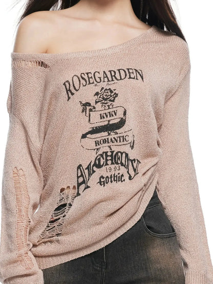 kvkv Retro Floral Embroidered Distressed Knit Sweater