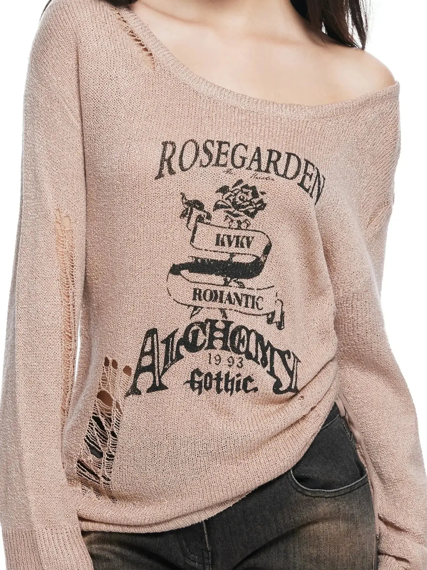 kvkv Retro Floral Embroidered Distressed Knit Sweater