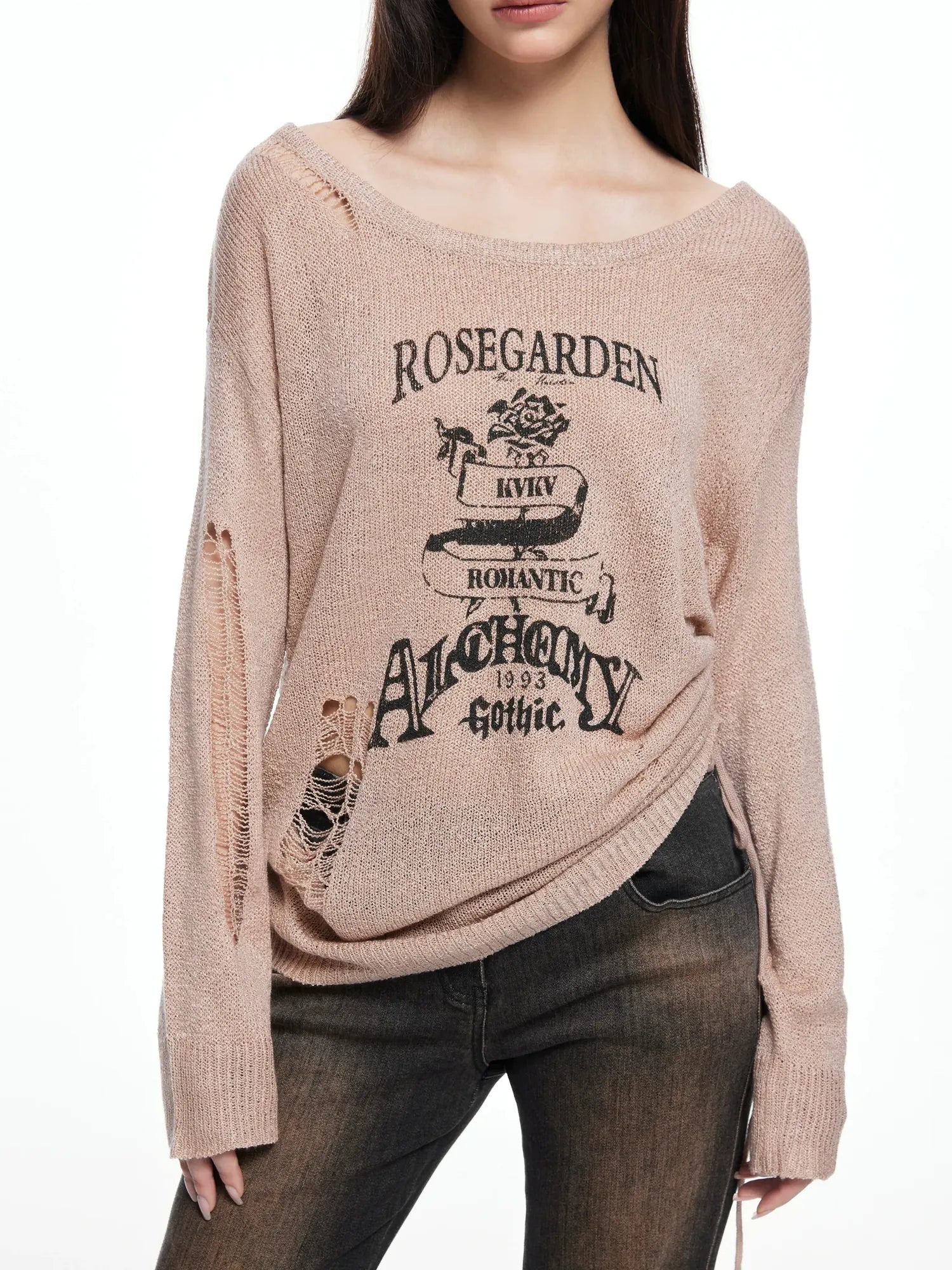 kvkv Retro Floral Embroidered Distressed Knit Sweater