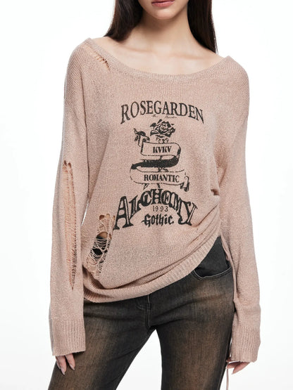 kvkv Retro Floral Embroidered Distressed Knit Sweater