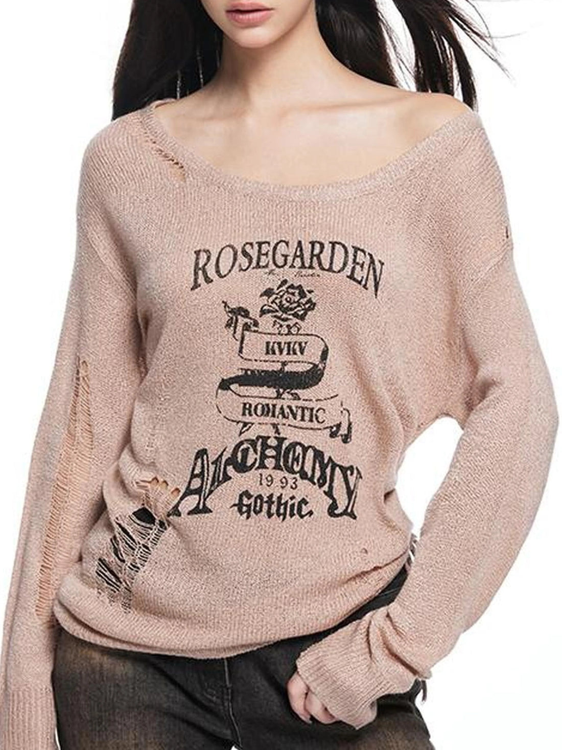 kvkv Retro Floral Embroidered Distressed Knit Sweater