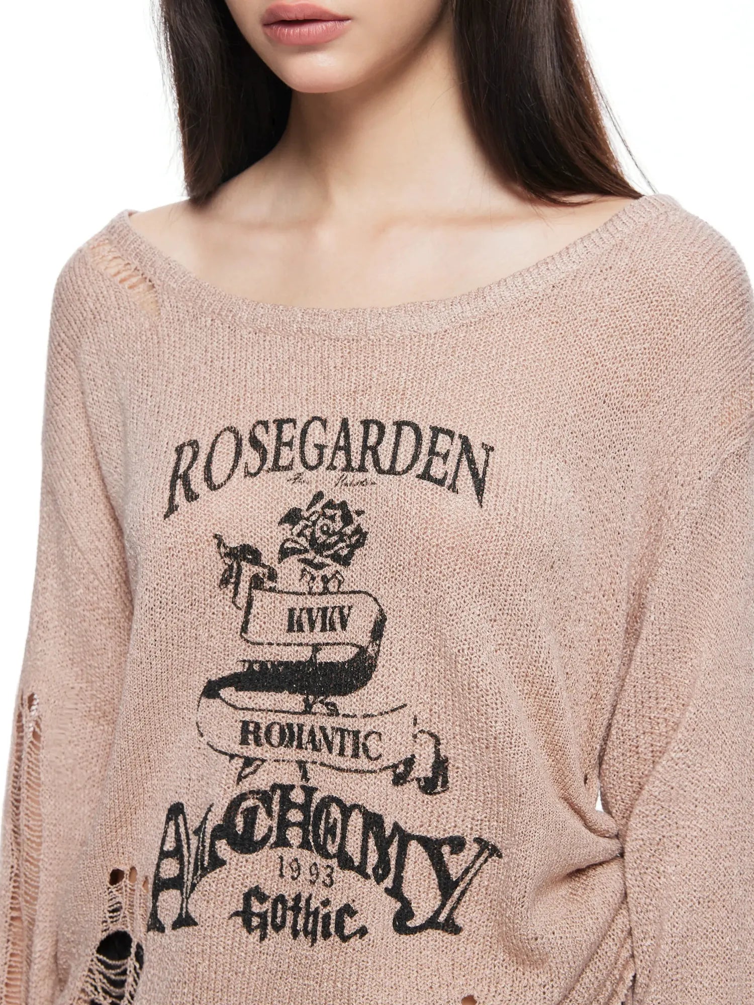 kvkv Retro Floral Embroidered Distressed Knit Sweater