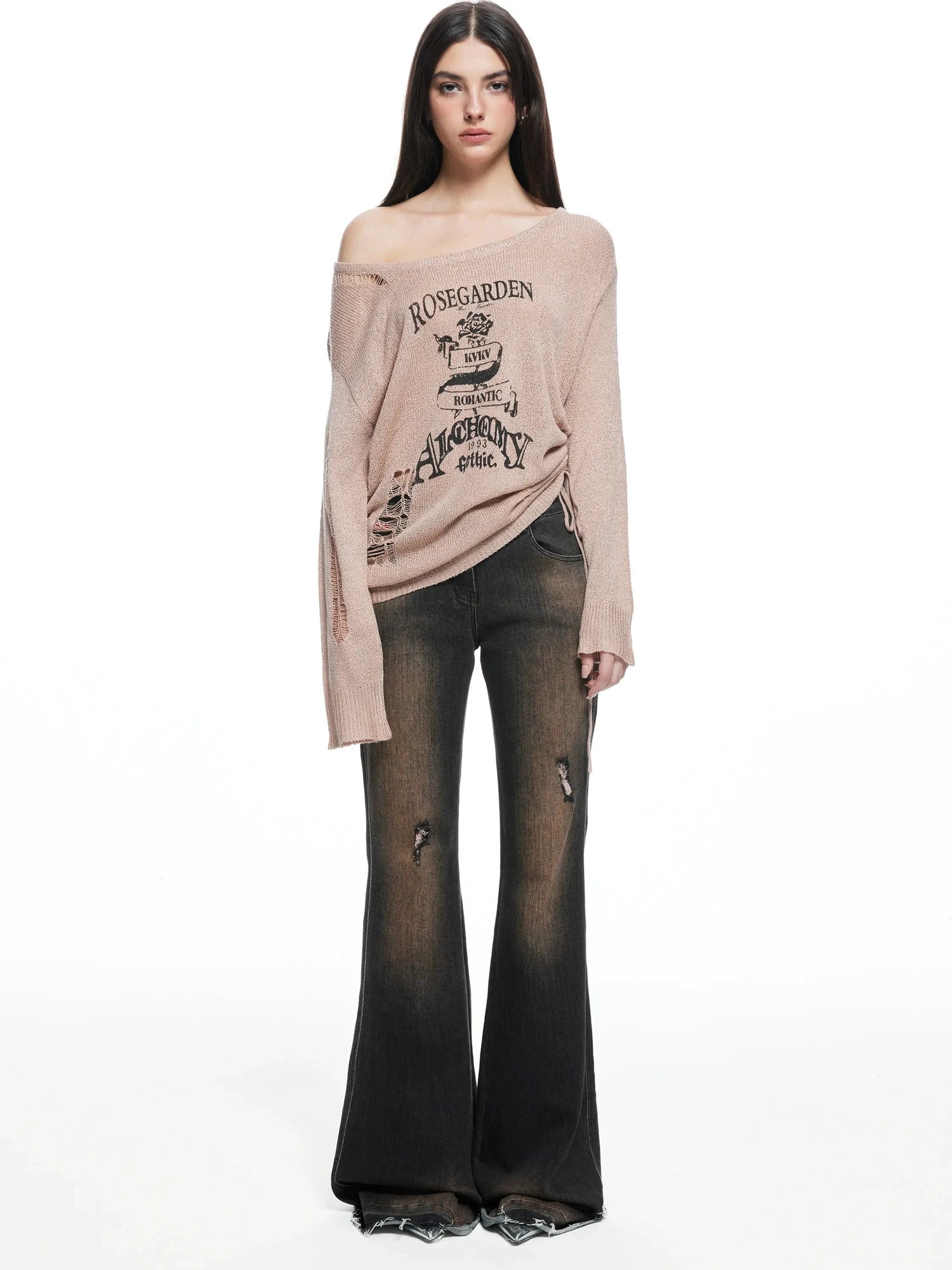 kvkv Retro Floral Embroidered Distressed Knit Sweater