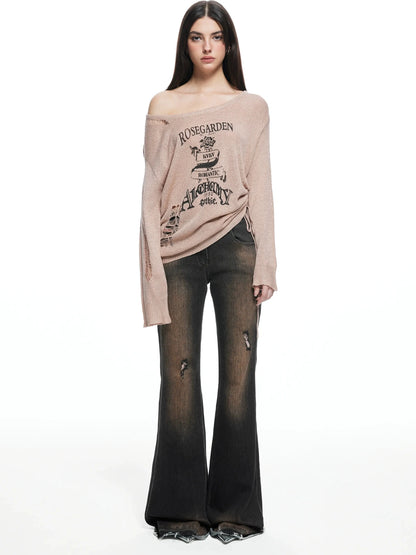 kvkv Retro Floral Embroidered Distressed Knit Sweater