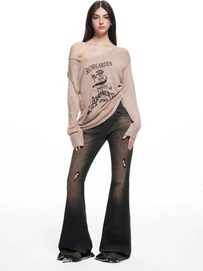 kvkv Retro Floral Embroidered Distressed Knit Sweater