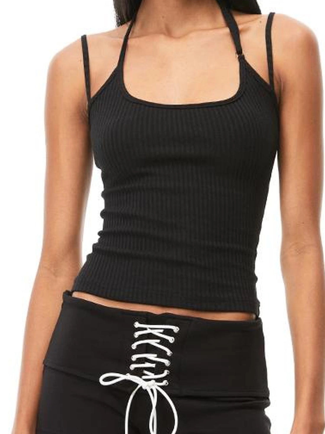 kvkv Retro Ribbed Halter Camisole V-neck T-shirt Long Sleeve
