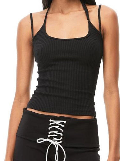 kvkv Retro Ribbed Halter Camisole V-neck T-shirt Long Sleeve