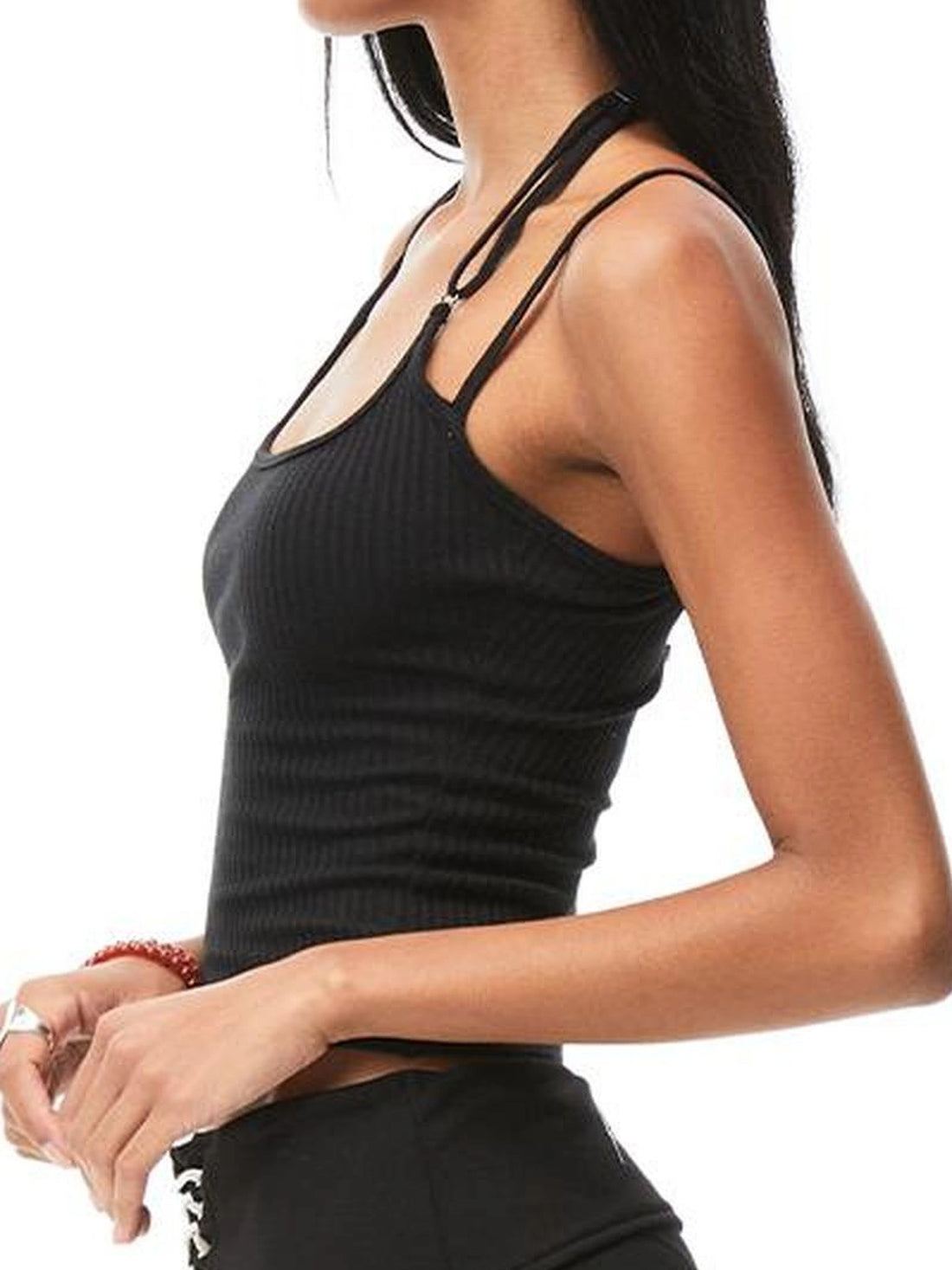 kvkv Retro Ribbed Halter Camisole V-neck T-shirt Long Sleeve