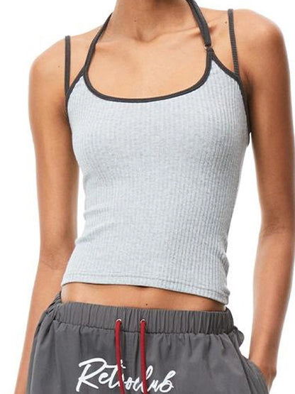 kvkv Retro Ribbed Halter Camisole V-neck T-shirt Long Sleeve