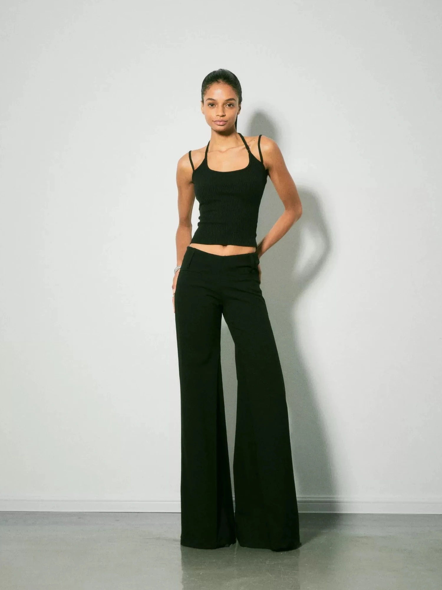 kvkv Retro Ribbed Halter Camisole V-neck T-shirt Long Sleeve