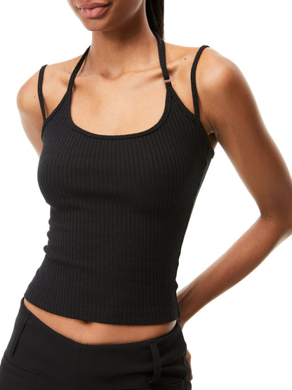 kvkv Retro Ribbed Halter Camisole V-neck T-shirt Long Sleeve