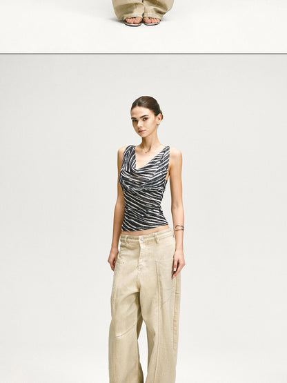 kvkv Retro Washed Khaki Distressed Structural Arc Carved Cargo Pants