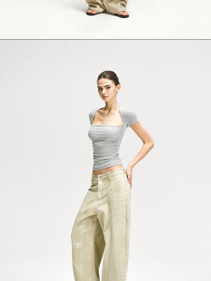 kvkv Retro Washed Khaki Distressed Structural Arc Carved Cargo Pants