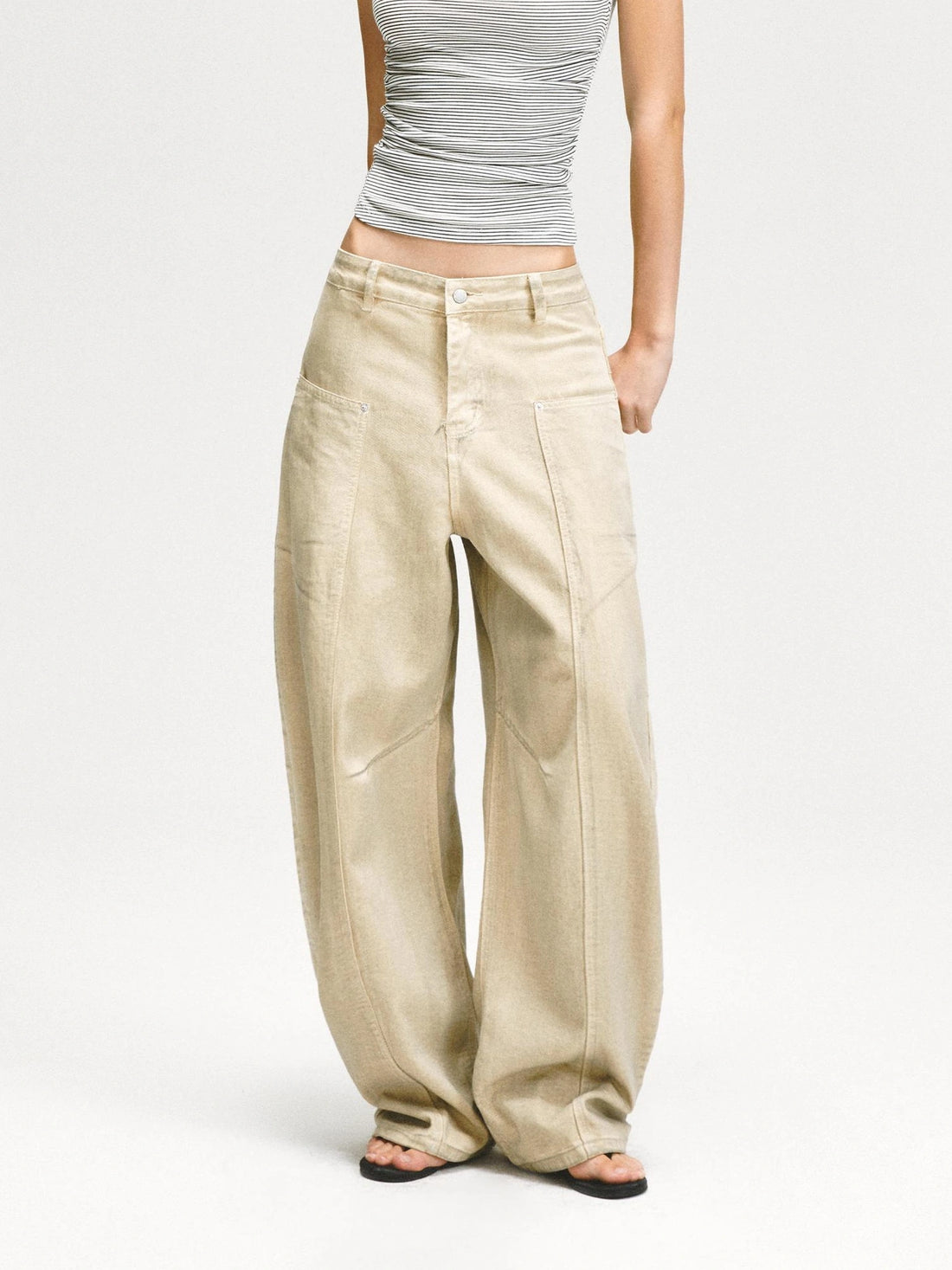 kvkv Retro Washed Khaki Distressed Structural Arc Carved Cargo Pants