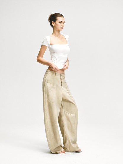 kvkv Retro Washed Khaki Distressed Structural Arc Carved Cargo Pants