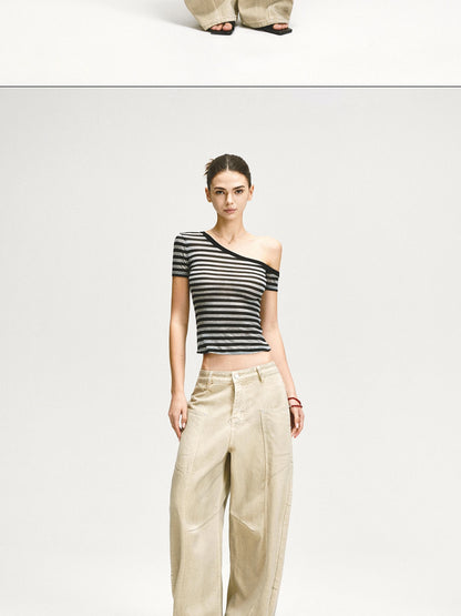 kvkv Retro Washed Khaki Distressed Structural Arc Carved Cargo Pants