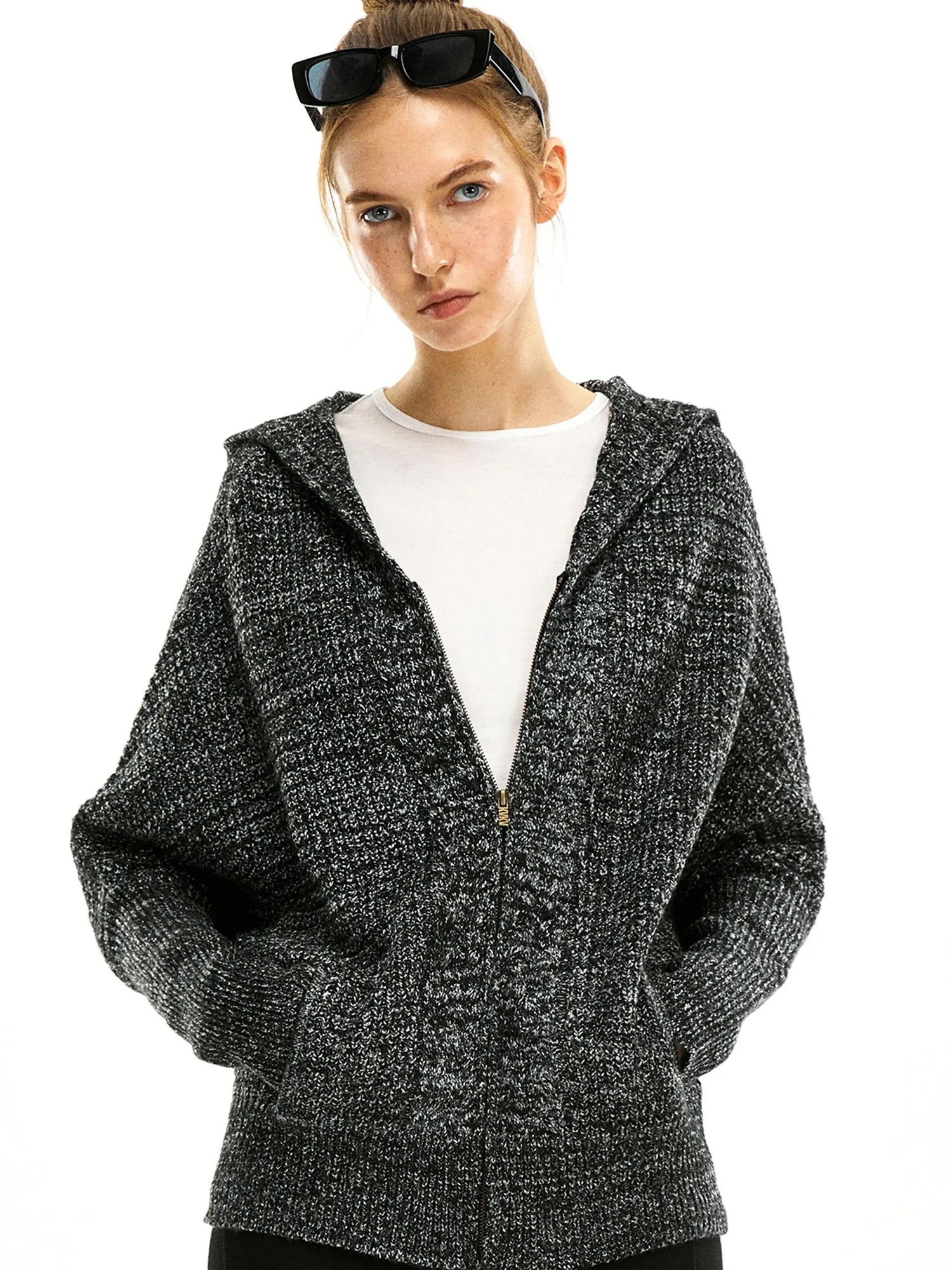 kvkv Retro Zip Hooded Cardigan In Grey Blend