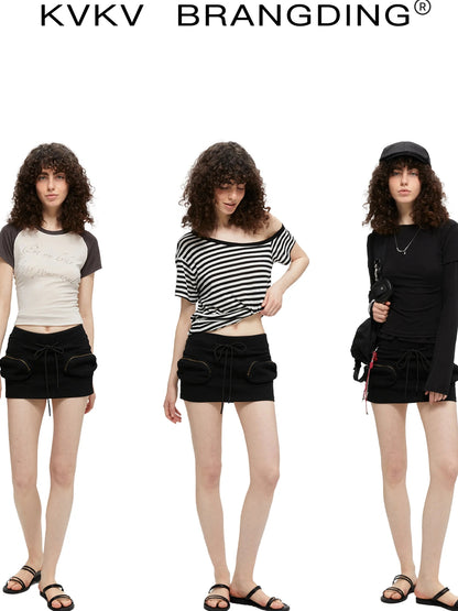 kvkv Reversible Drawstring Wrap Skort V-neck T-shirt Long Sleeve