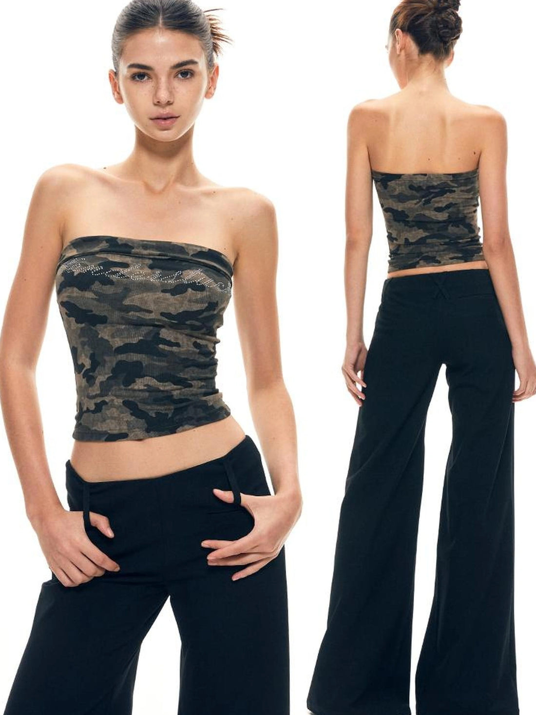 kvkv Rhinestone Camo Stretch Halter Top