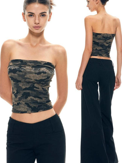 kvkv Rhinestone Camo Stretch Halter Top
