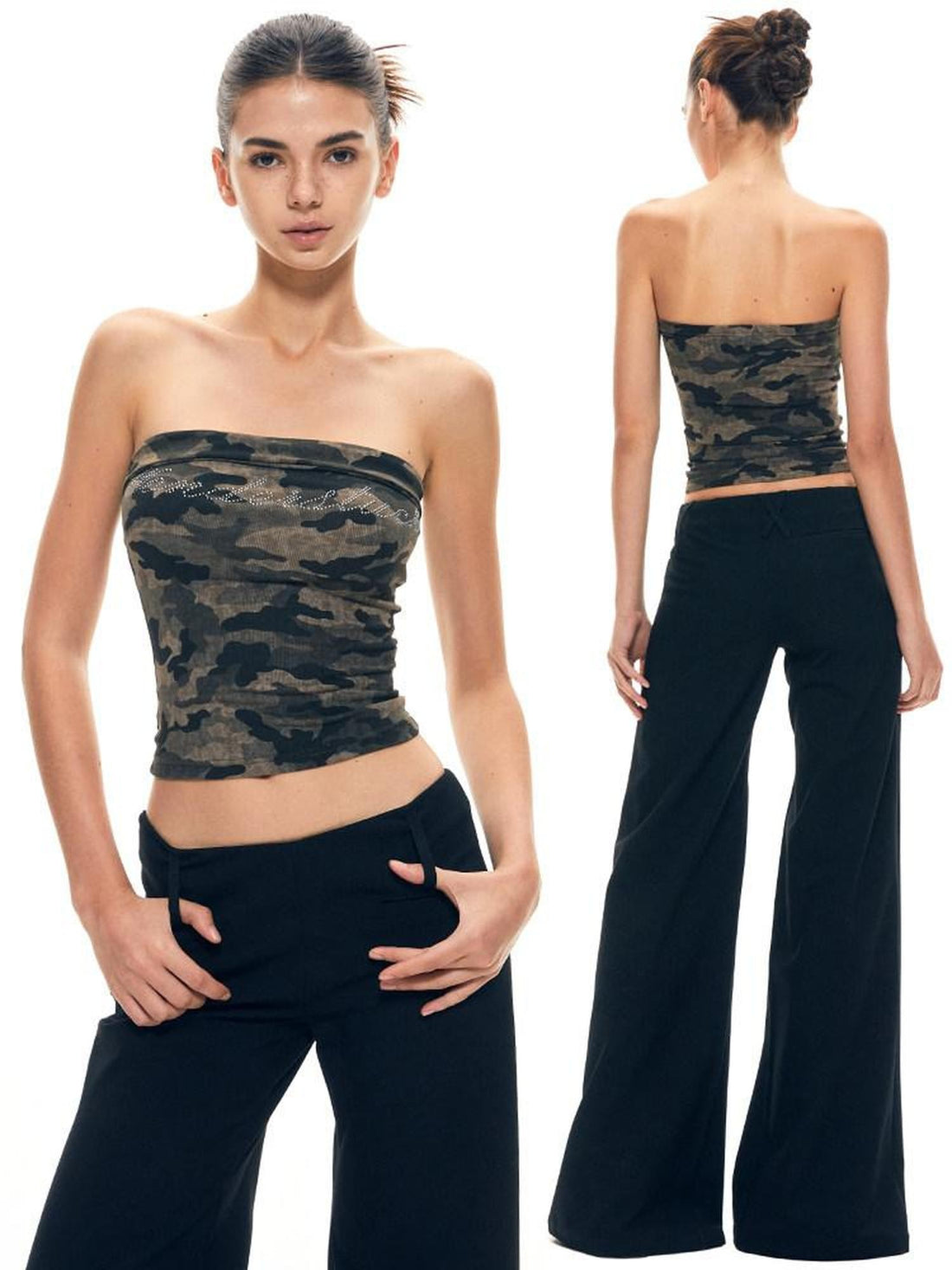 kvkv Rhinestone Camouflage Stretch Backless Crop Women&