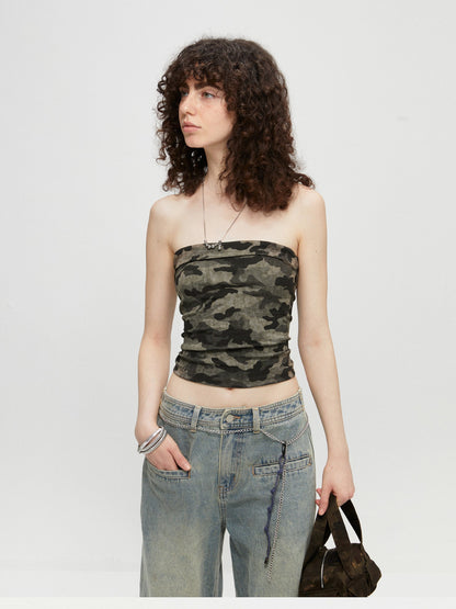 kvkv Rhinestone Camouflage Stretch Backless Crop Women&