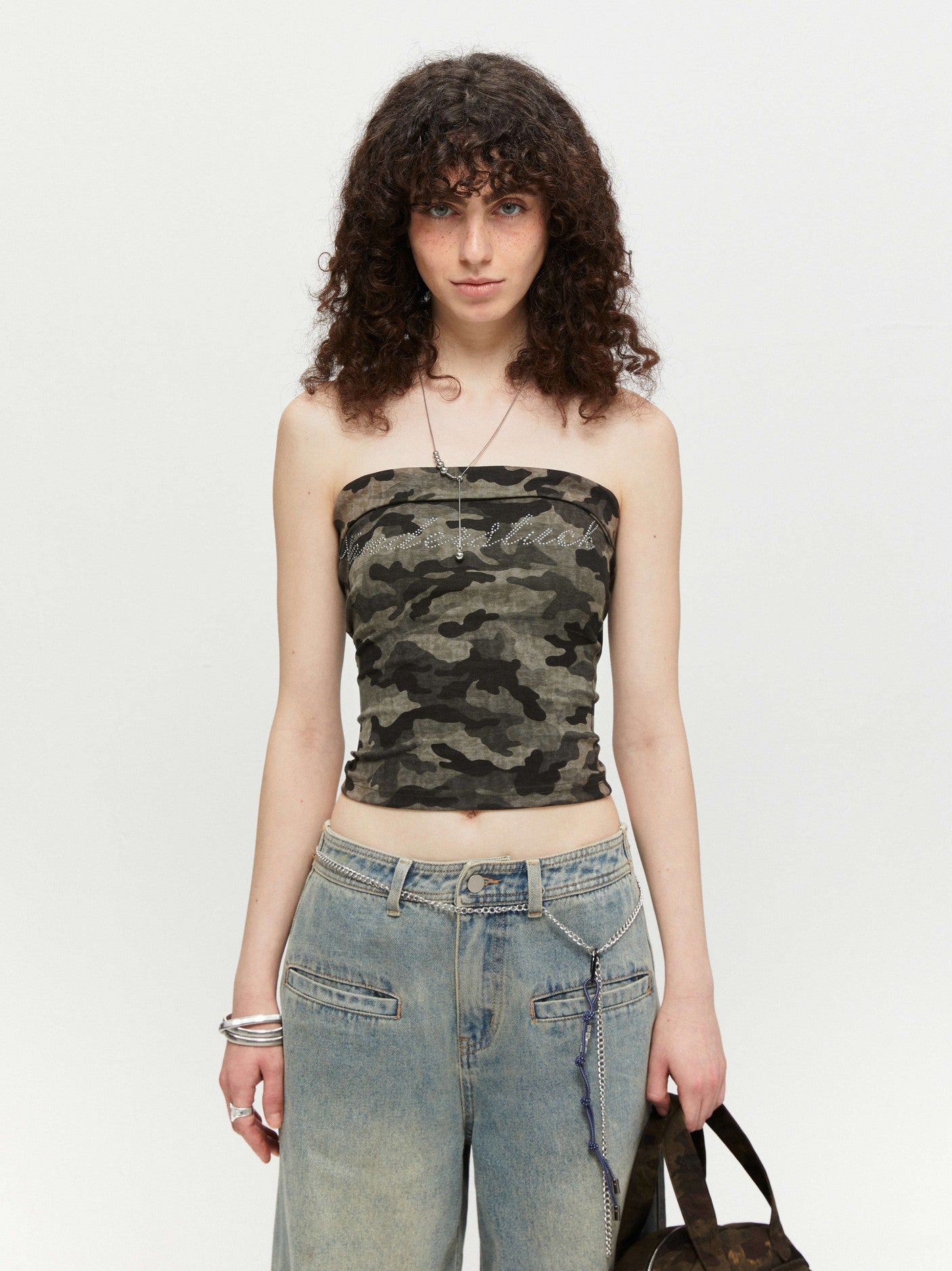 kvkv Rhinestone Camouflage Stretch Backless Crop Women&