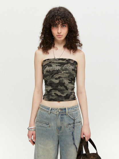 kvkv Rhinestone Camouflage Stretch Backless Crop Women&