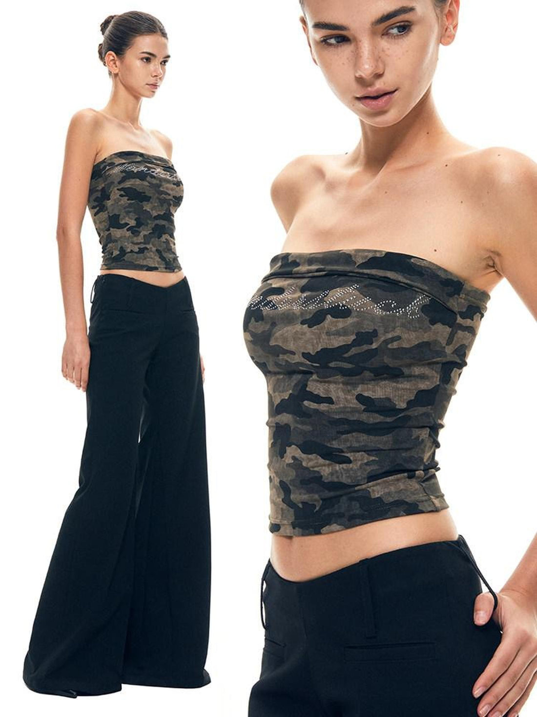 kvkv Rhinestone Camouflage Stretch Backless Crop Women&