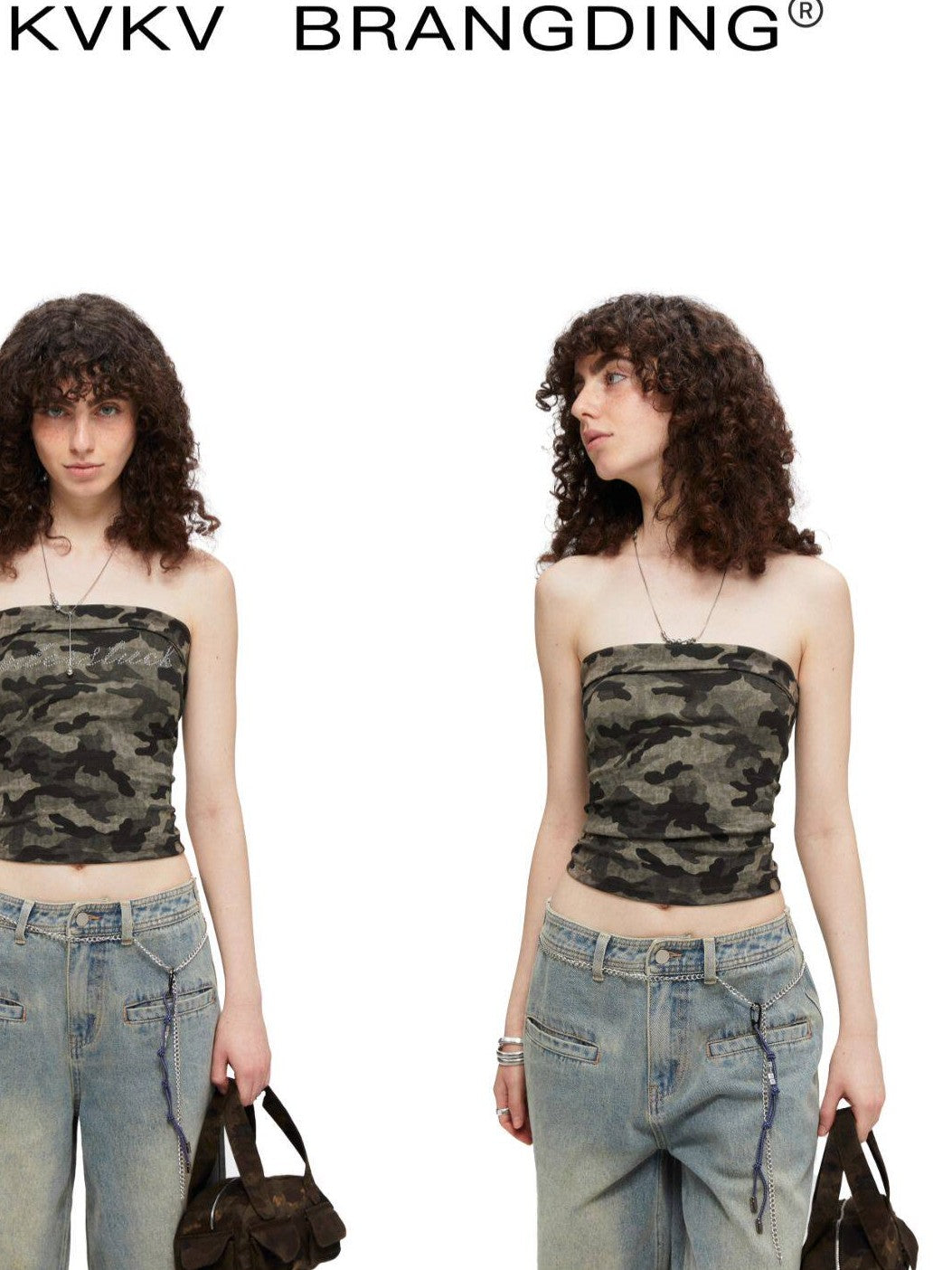 kvkv Rhinestone Camouflage Stretch Backless Crop Women&
